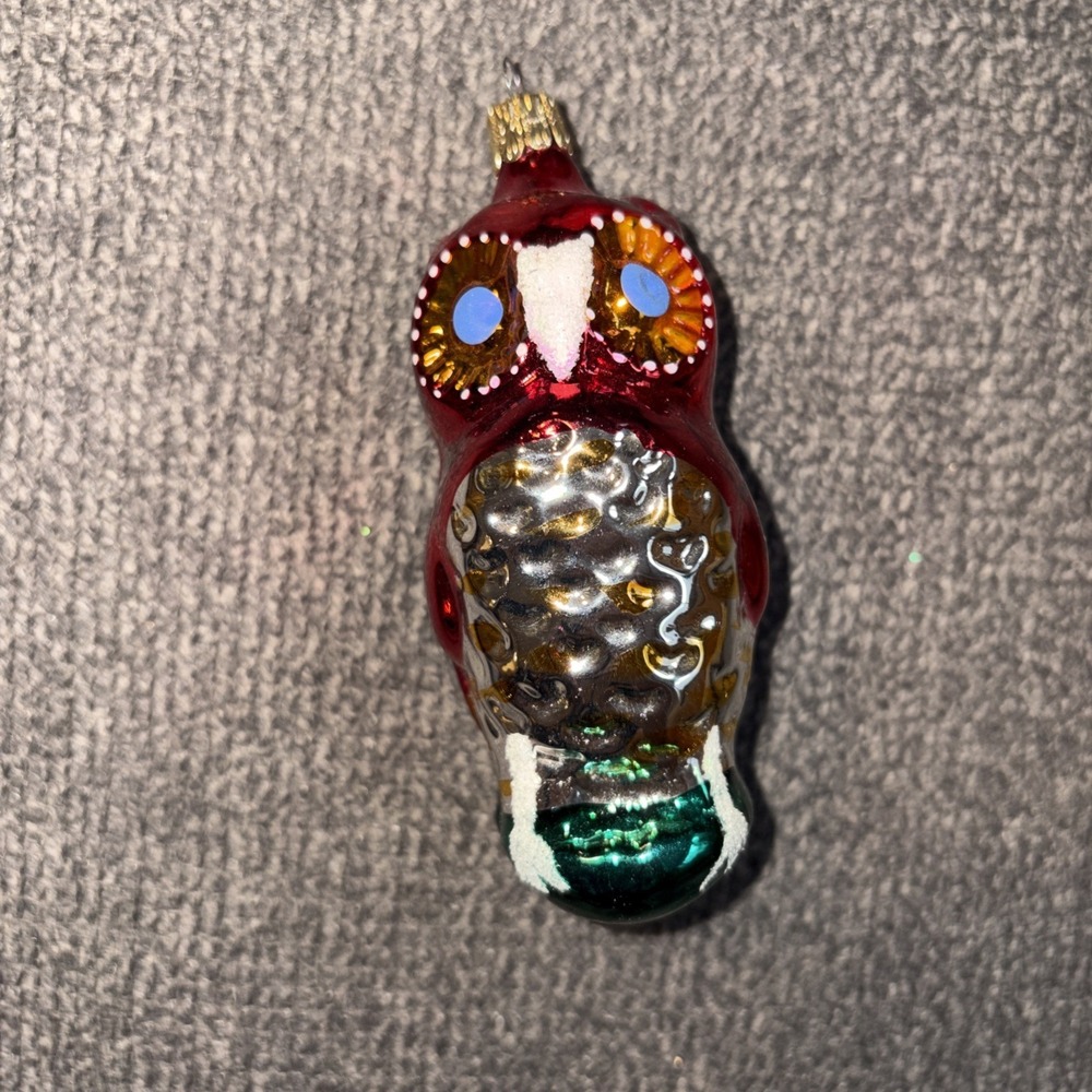 4.5" Glass Blown Red  Owl Ornament Glitter